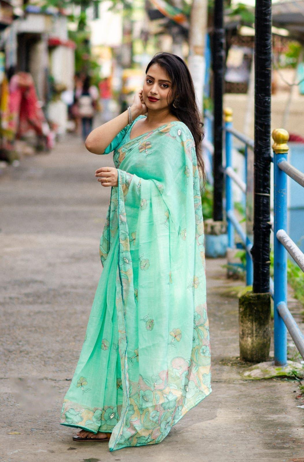 SeaGreen Pure Linen Ethnic Motifs Saree with Unstitched Blouse - Hiral Fashion | Grocsy