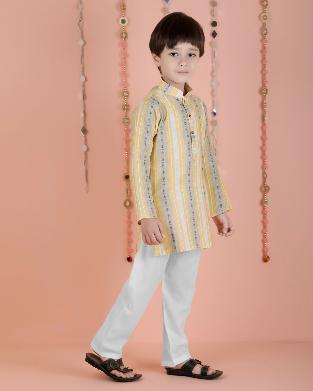 Joban Fashion Kids Island Cotton Full Sleeves Striped Kurta and Pyjama- Yellow | Grocsy