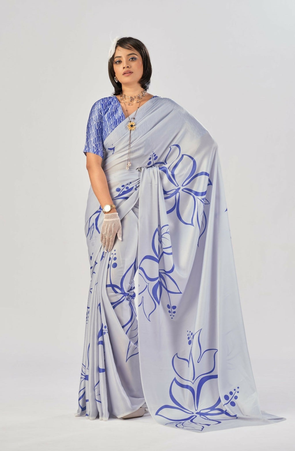 Vastranavya Sea Blue Satin Silk Elegant Printed Saree with Unstitched Blouse | Grocsy