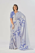 Vastranavya Sea Blue Satin Silk Elegant Printed Saree with Unstitched Blouse | Grocsy