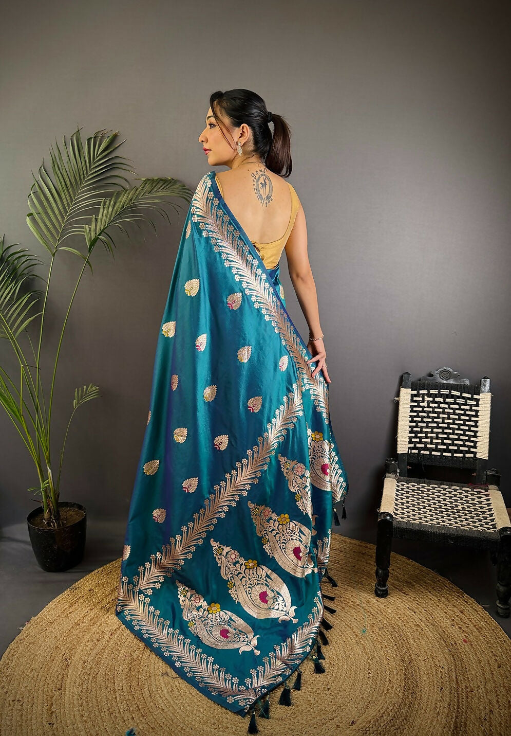 Joban Fashion Banarasi Sea Blue Woven Soft Silk Saree | Grocsy