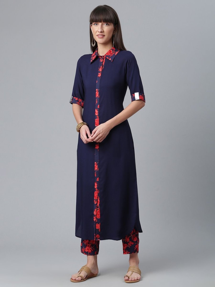 Ahalyaa Navy Blue Solid Rayon Kurta Pant Set | Grocsy