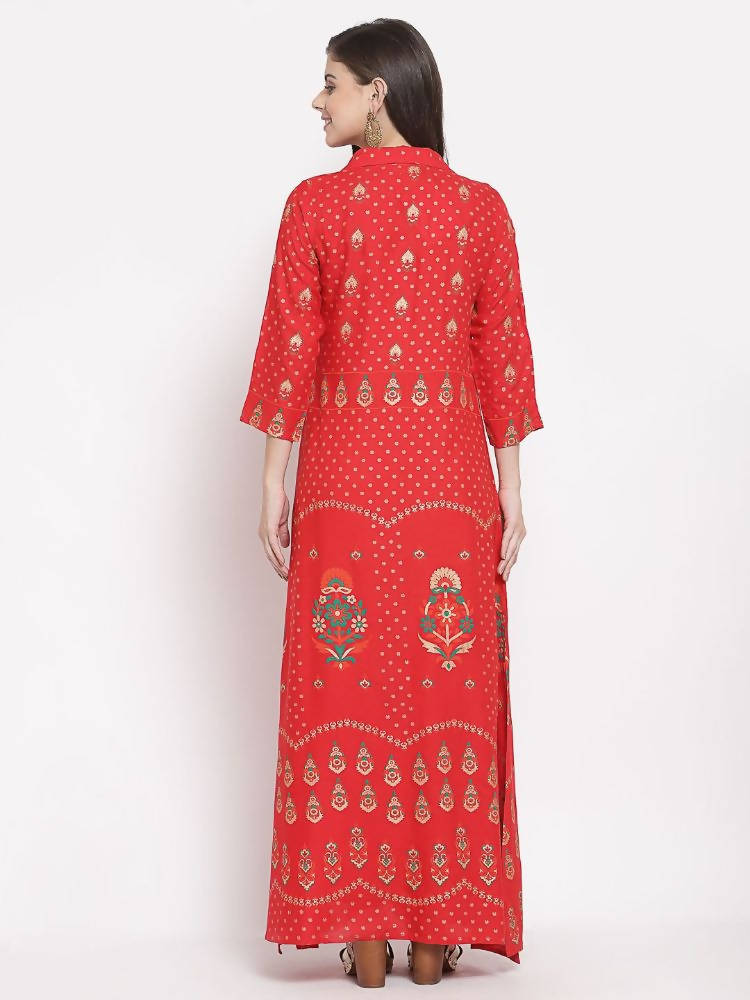 Myshka Women's Red Cotton Printed 3/4 Sleeve Collar Neck Casual Anarkali Kurta | Grocsy