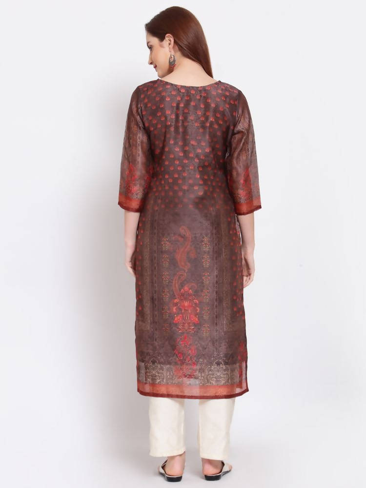 Myshka Women's Multi Printed Chanderi Silk 3/4 Sleeve Round Neck Casual Kurta | Grocsy