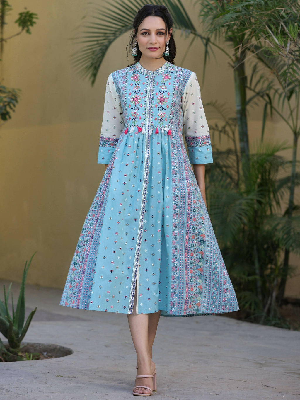 Juniper Women's Skyblue Cambric Printed Flared Dress | Grocsy