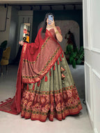 Vastranavya Floral Print With Foil Print Tussar Silk Lehenga with Unstitched Blouse - Mehendi | Grocsy