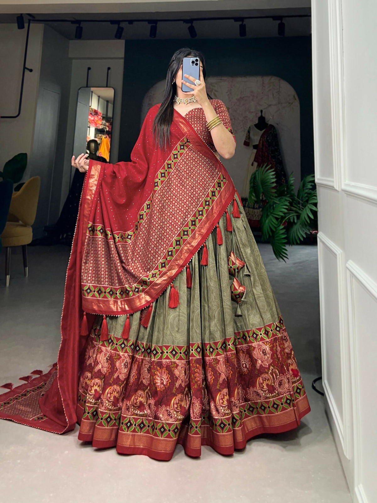 Vastranavya Floral Print With Foil Print Tussar Silk Lehenga with Unstitched Blouse - Mehendi | Grocsy