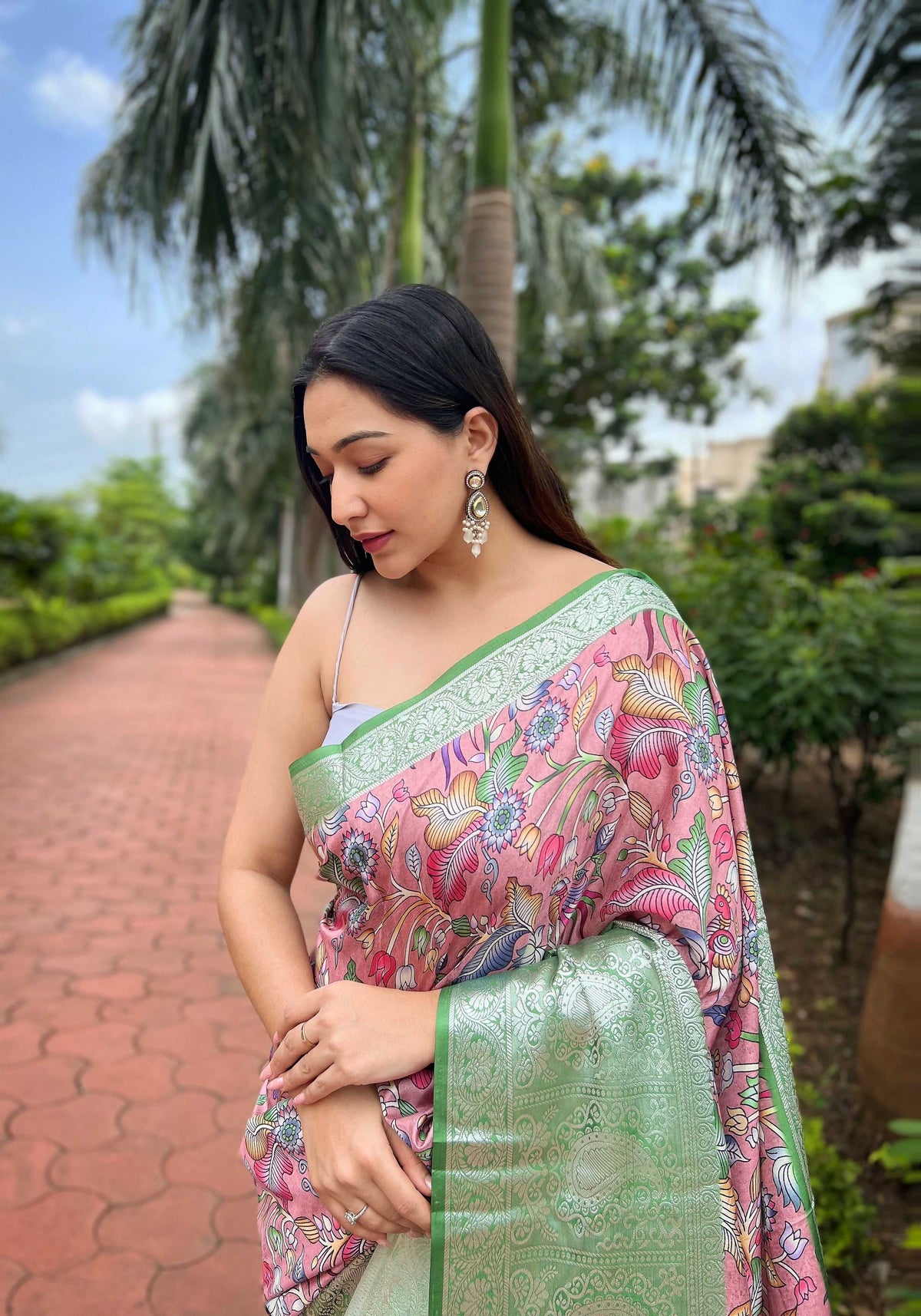 Vamsee Bhavi Green Tussar Dola Satin Silk Saree | Grocsy