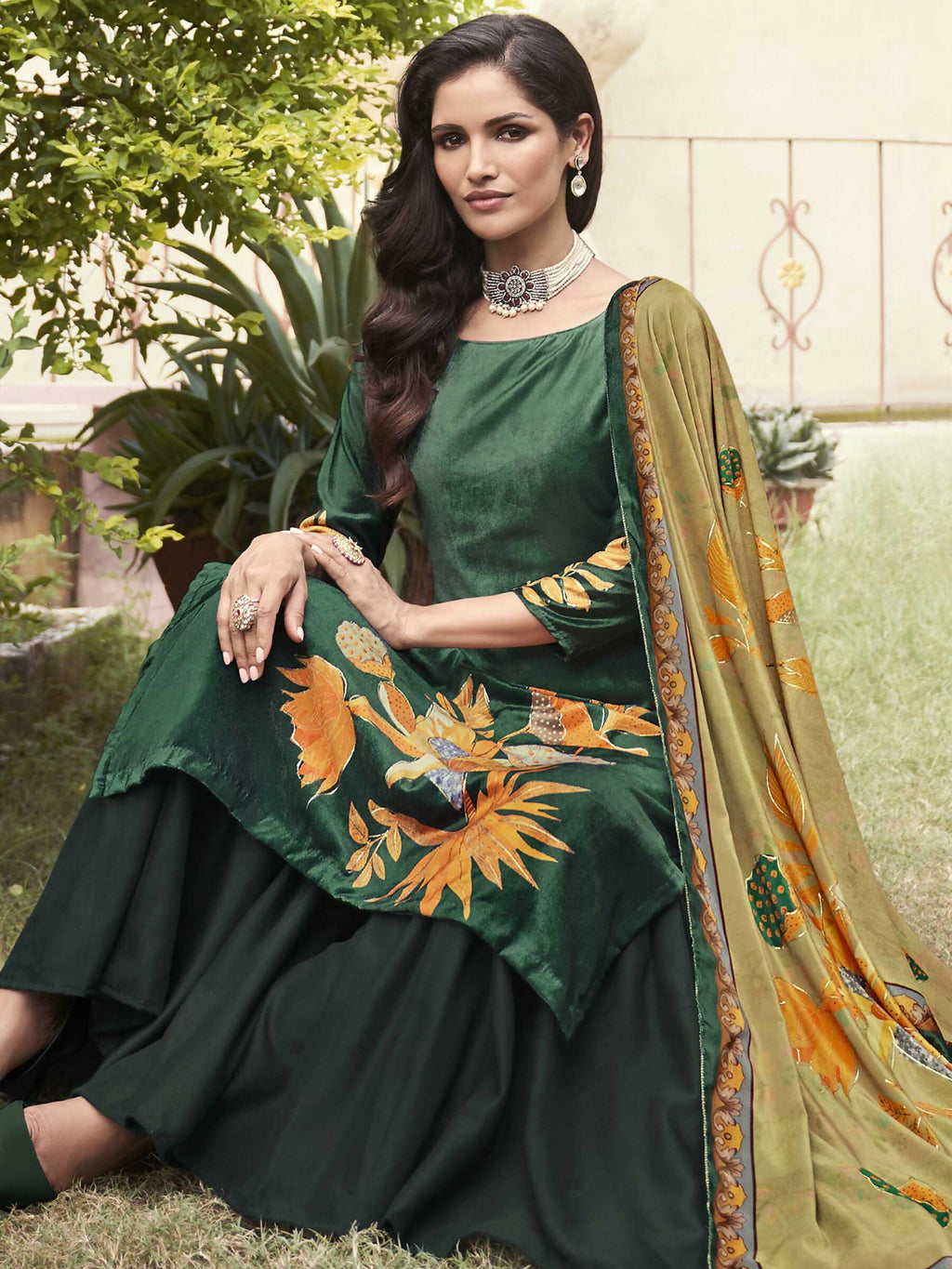Jyoti Fashion Women's Green Velvet Floral Digital Printed Kurta with Trouser & Dupatta | Grocsy
