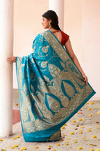 Joban Fashion Blue Banarasi Soft Pure Handloom Banarasi Silk Saree | Grocsy