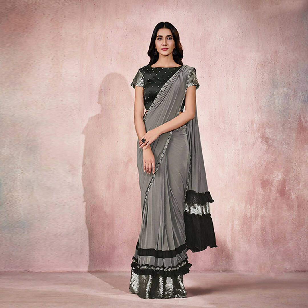 Grey Lycra Embroidery Designer Saree With Blouse - Mohmanthan Sitaarah | Grocsy