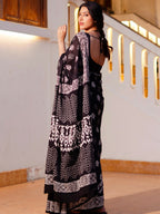 Zibaa Hand-Blocked Pure Mul Cotton Black Saree | Grocsy