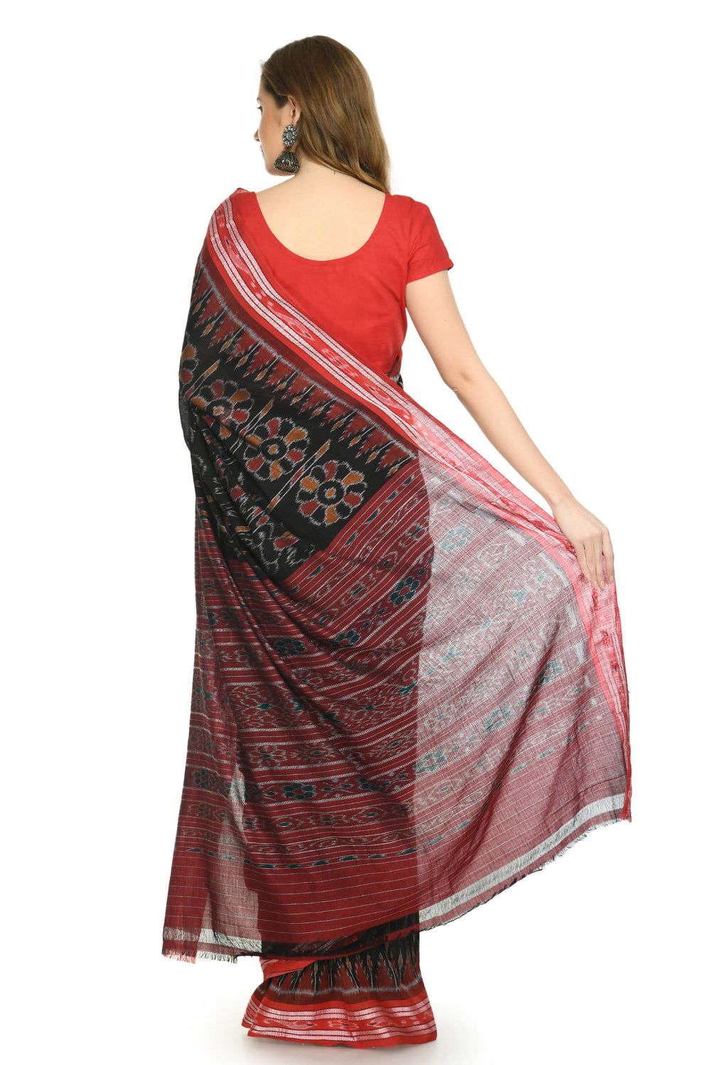 Vamika Sambalpuri Ikat Cotton Dehabandha Tribal Maroon & Orange Saree | Grocsy