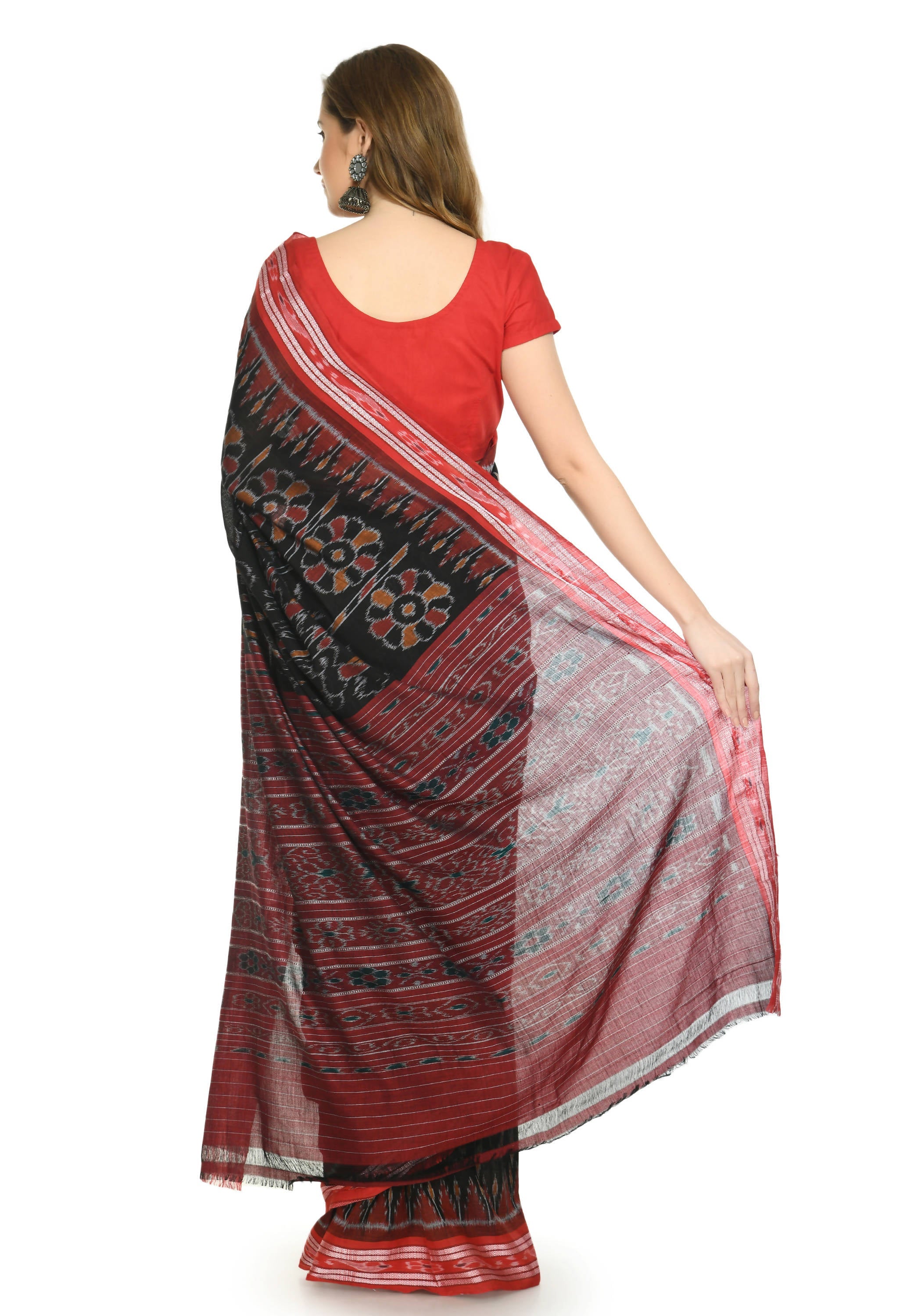 Vamika Sambalpuri Ikat Cotton Dehabandha Tribal Maroon & Orange Saree | Grocsy