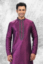 Raivat Ethnic Jacquard Silk Brocade Thread Work Kurta Pajama In Purple Colour | Grocsy