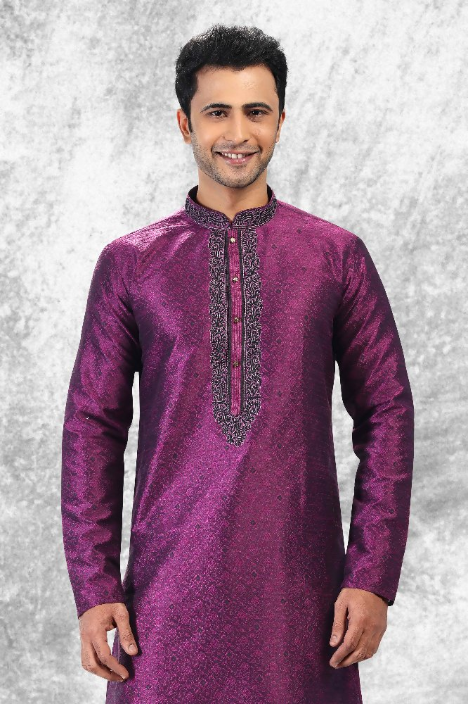 Raivat Ethnic Jacquard Silk Brocade Thread Work Kurta Pajama In Purple Colour | Grocsy