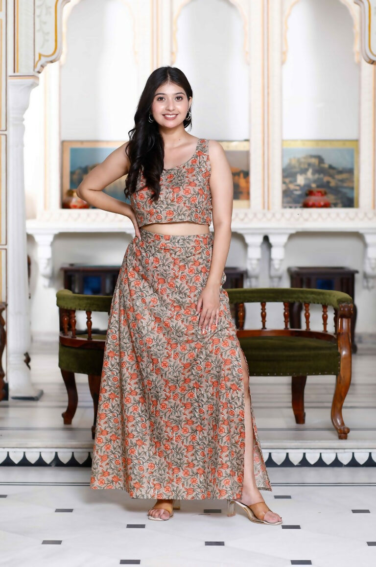 Miravan Women's Brown Floral Printed Crop Top And Skirt Co-Ord Set | Grocsy