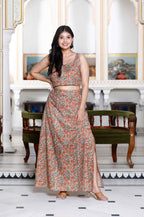 Miravan Women's Brown Floral Printed Crop Top And Skirt Co-Ord Set | Grocsy