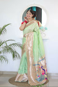 Pista Woven Jacquard Designer Embroidery Work Party Wear Saree - Parampara | Grocsy
