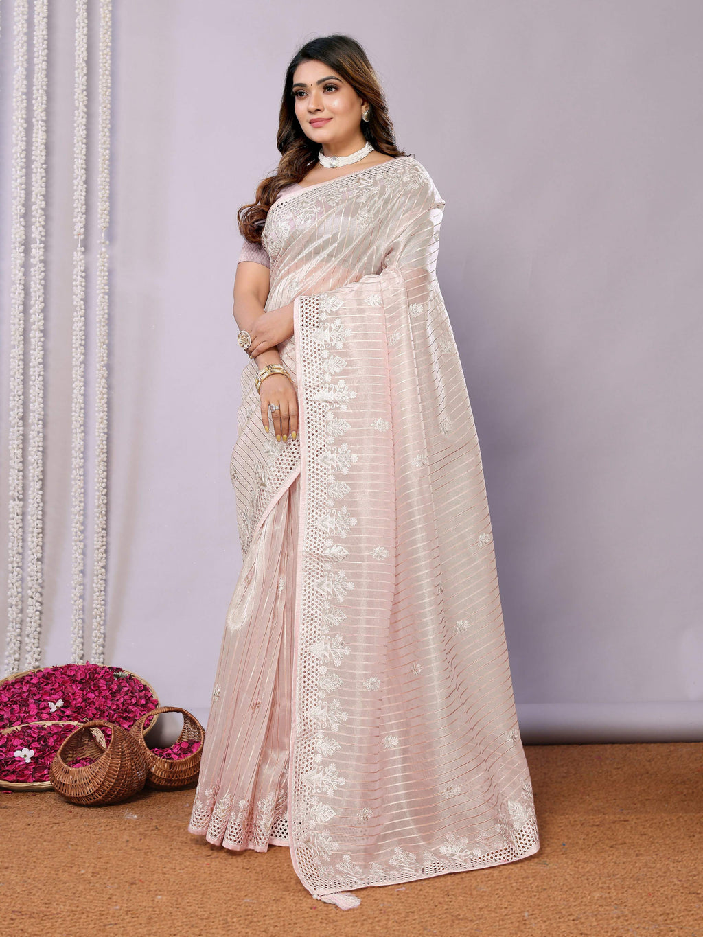 Pink Silk Embroidered Saree With Unstitched Blouse - Nimaya Kaksha | Grocsy