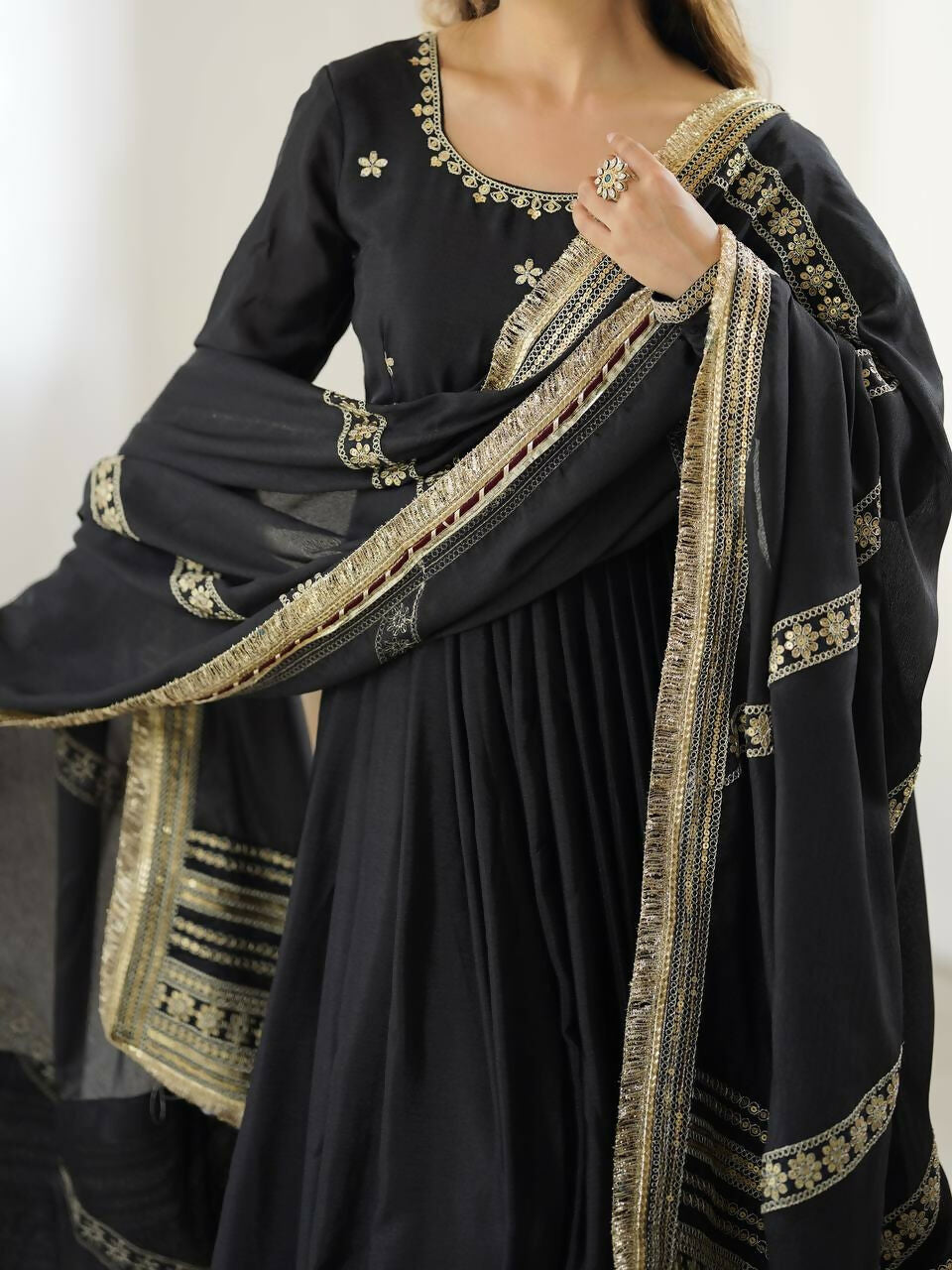The52 Women's Gorgeous Chinon Silk Fabric Embroidery Work Flared Anarkali Pant and Dupatta Set | Grocsy