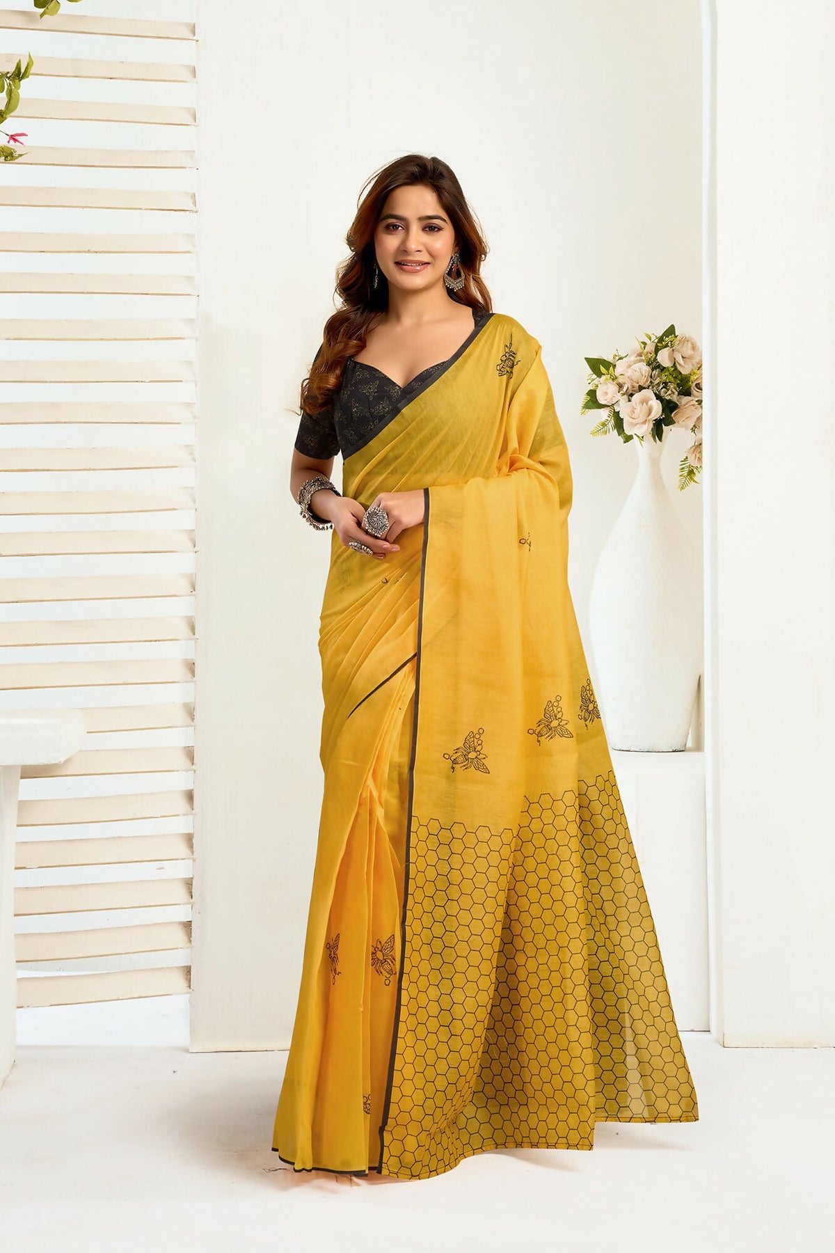 Vastranavya Mustard Digital Printed Linen Ready To Wear Designer Saree with Unstitched Blouse | Grocsy