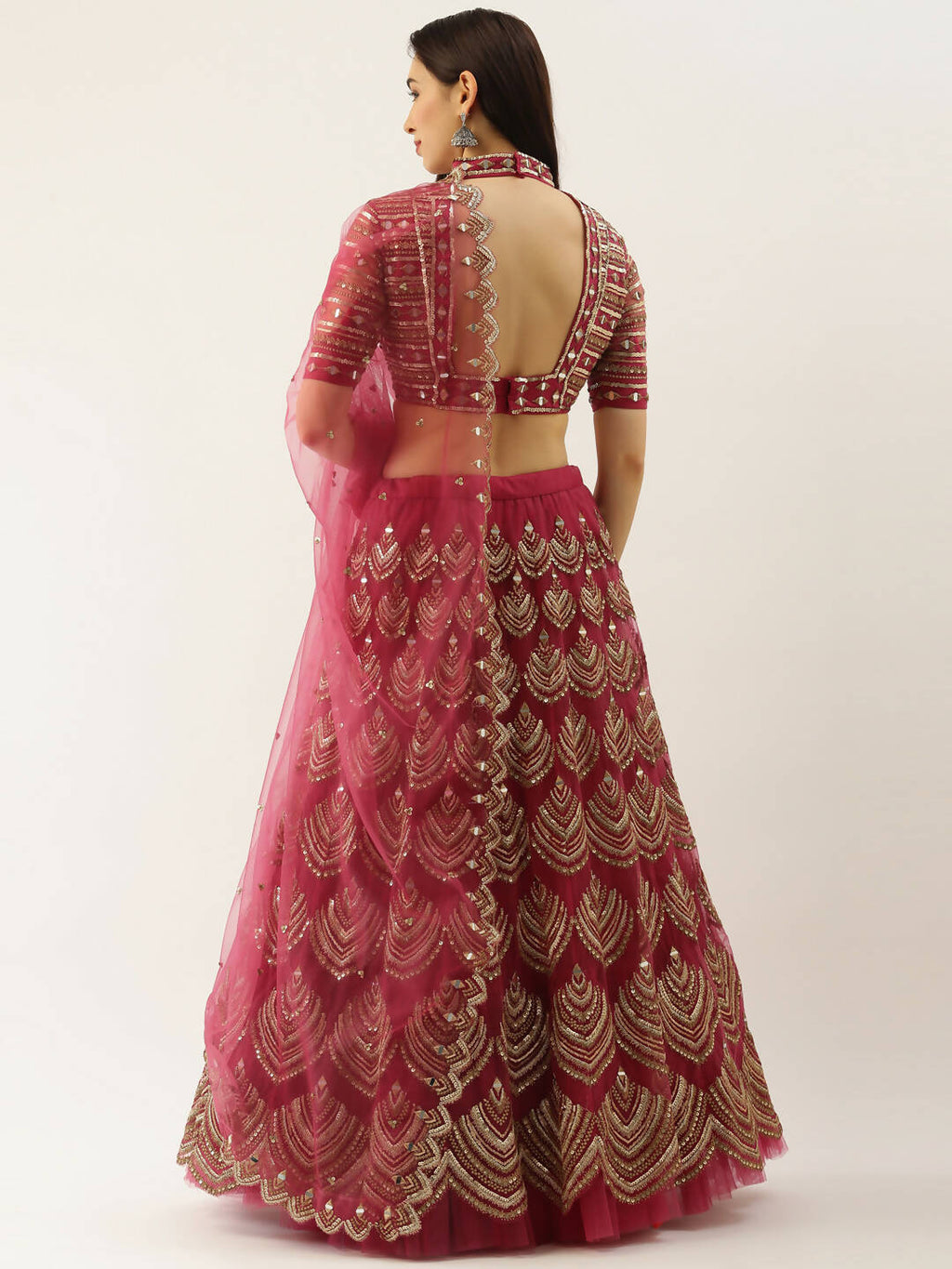 House of Panchhi Women Rosegold Net Embroidered Mirror Lehenga & Blouse with Dupatta | Grocsy