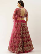House of Panchhi Women Rosegold Net Embroidered Mirror Lehenga & Blouse with Dupatta | Grocsy