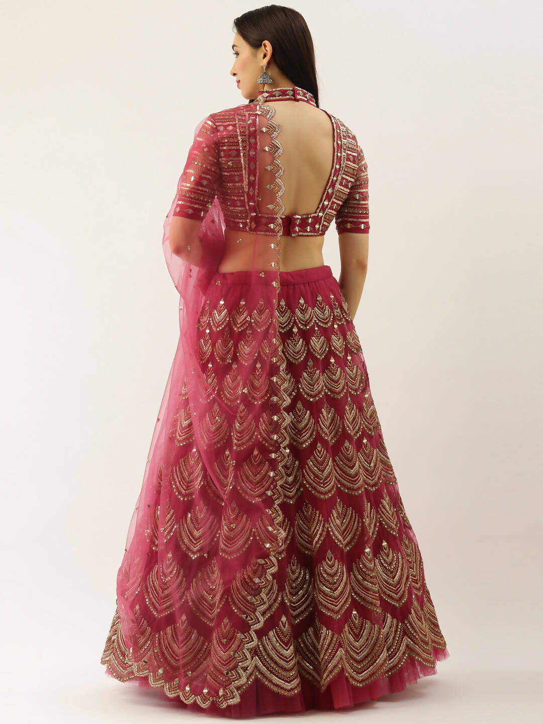 House of Panchhi Women Rosegold Net Embroidered Mirror Lehenga & Blouse with Dupatta | Grocsy