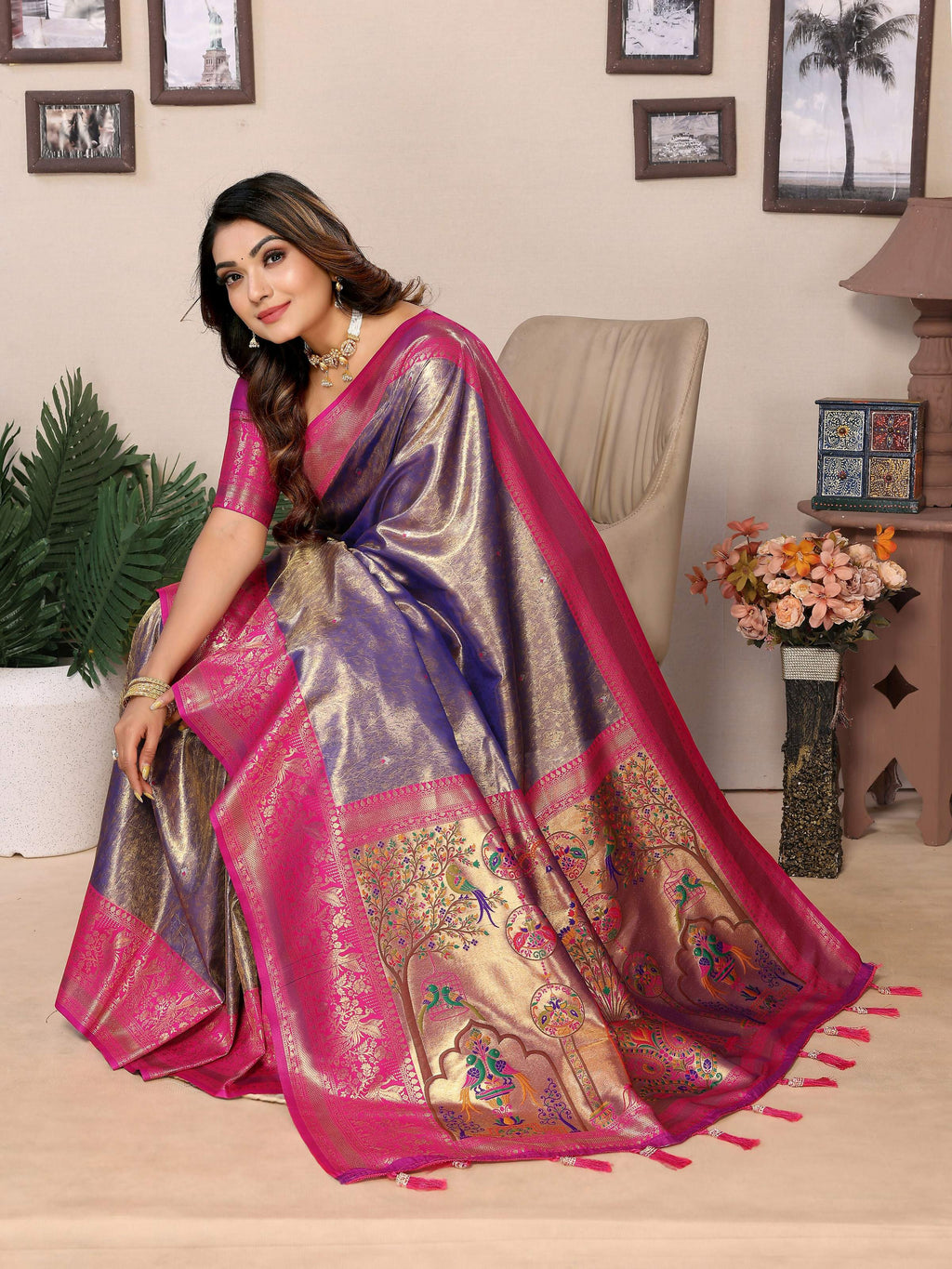 Aastha Fashion Purple Tissue Silk Weaving Saree | Grocsy
