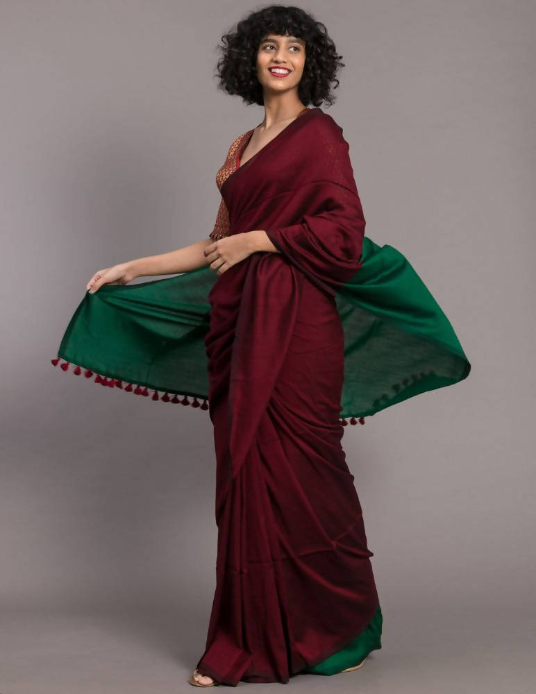 Suta Maroon Green Colourblocked Cotton Blend Saree | Grocsy