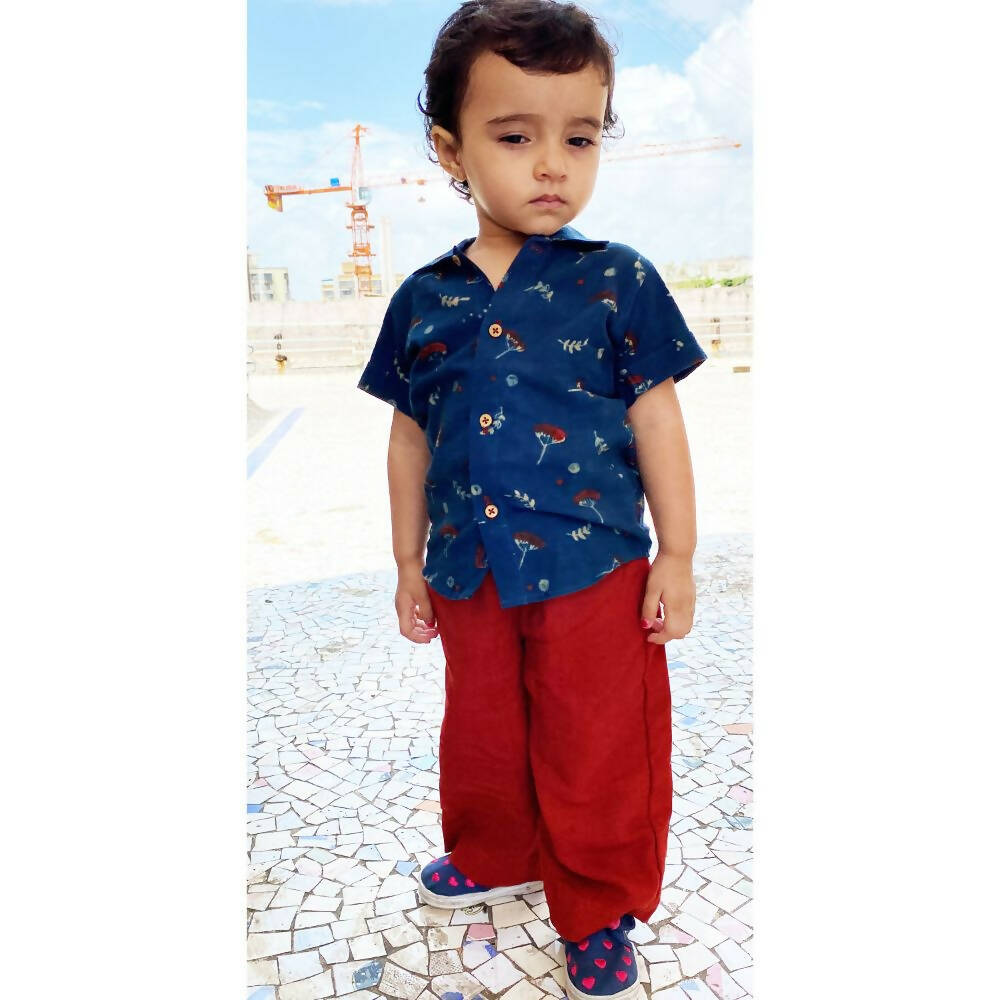 Mhyssa Half Sleeve Blue Shirt With Full Length Red Pant Set For Kids | Grocsy