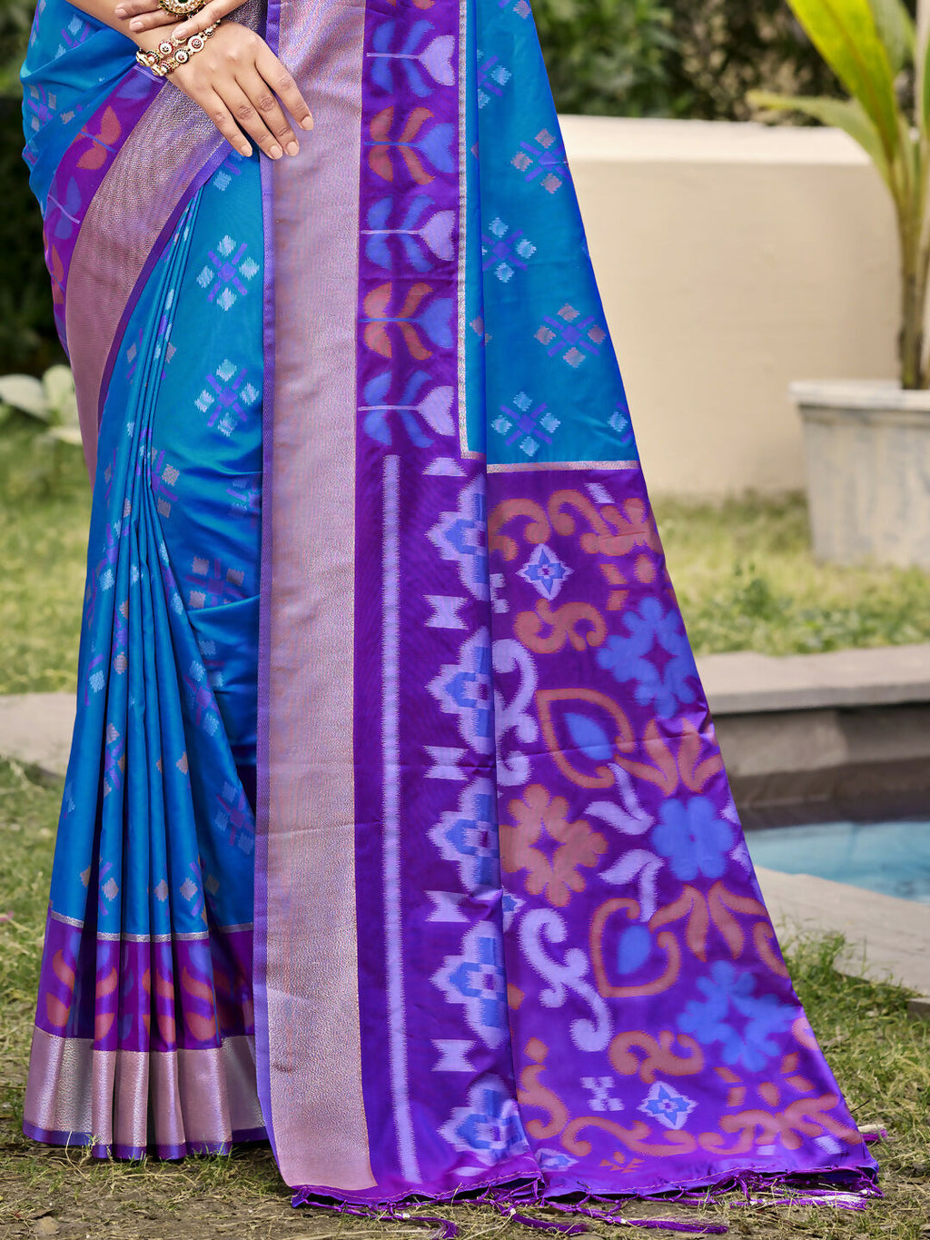 Shree Shyam Fashion Pochampalli Silk Blue Saree | Grocsy