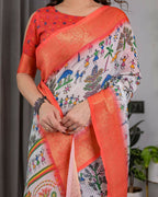 PR Fashion Peach Pure Handloom Linen Saree | Grocsy