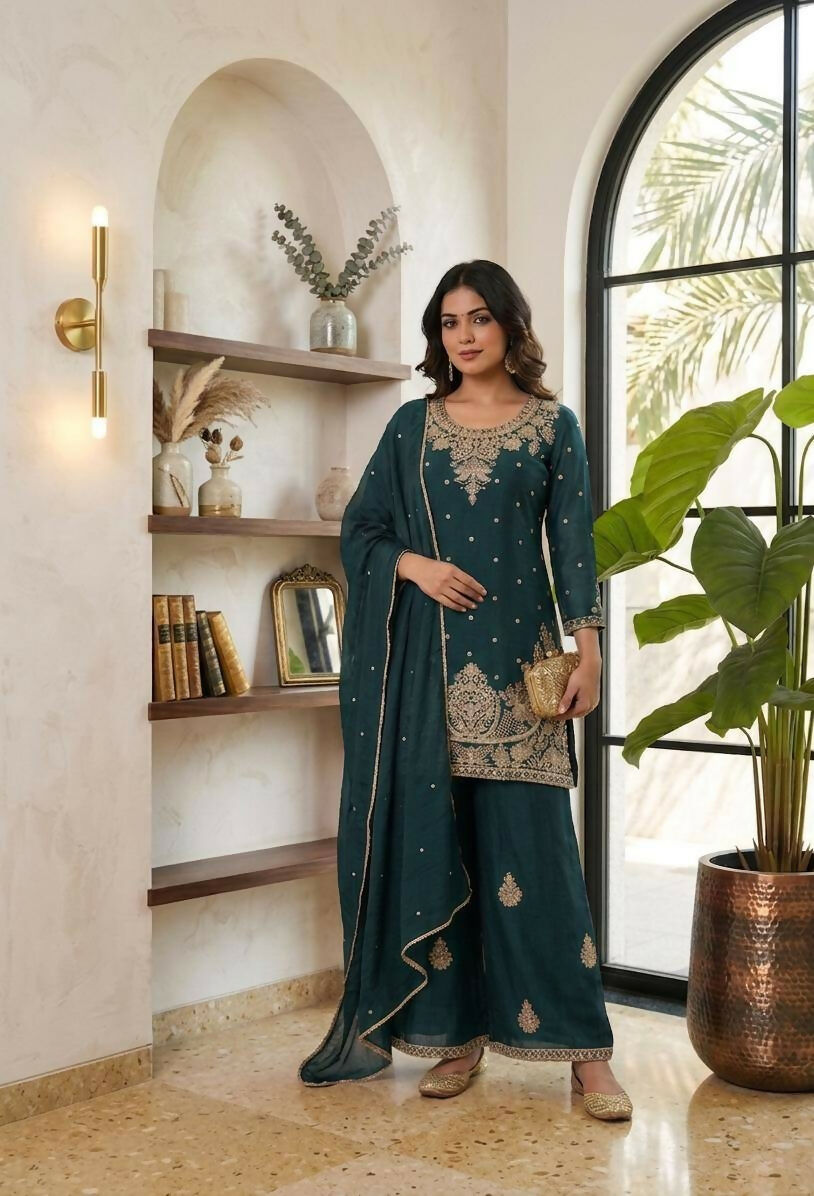 Teeya Creation New Latest Stylish Kurta Palazzo Set - Teal | Grocsy