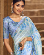 Sky Blue Silver Chiffon Printed Saree With Unstitched Blouse Piece - Jyoti | Grocsy