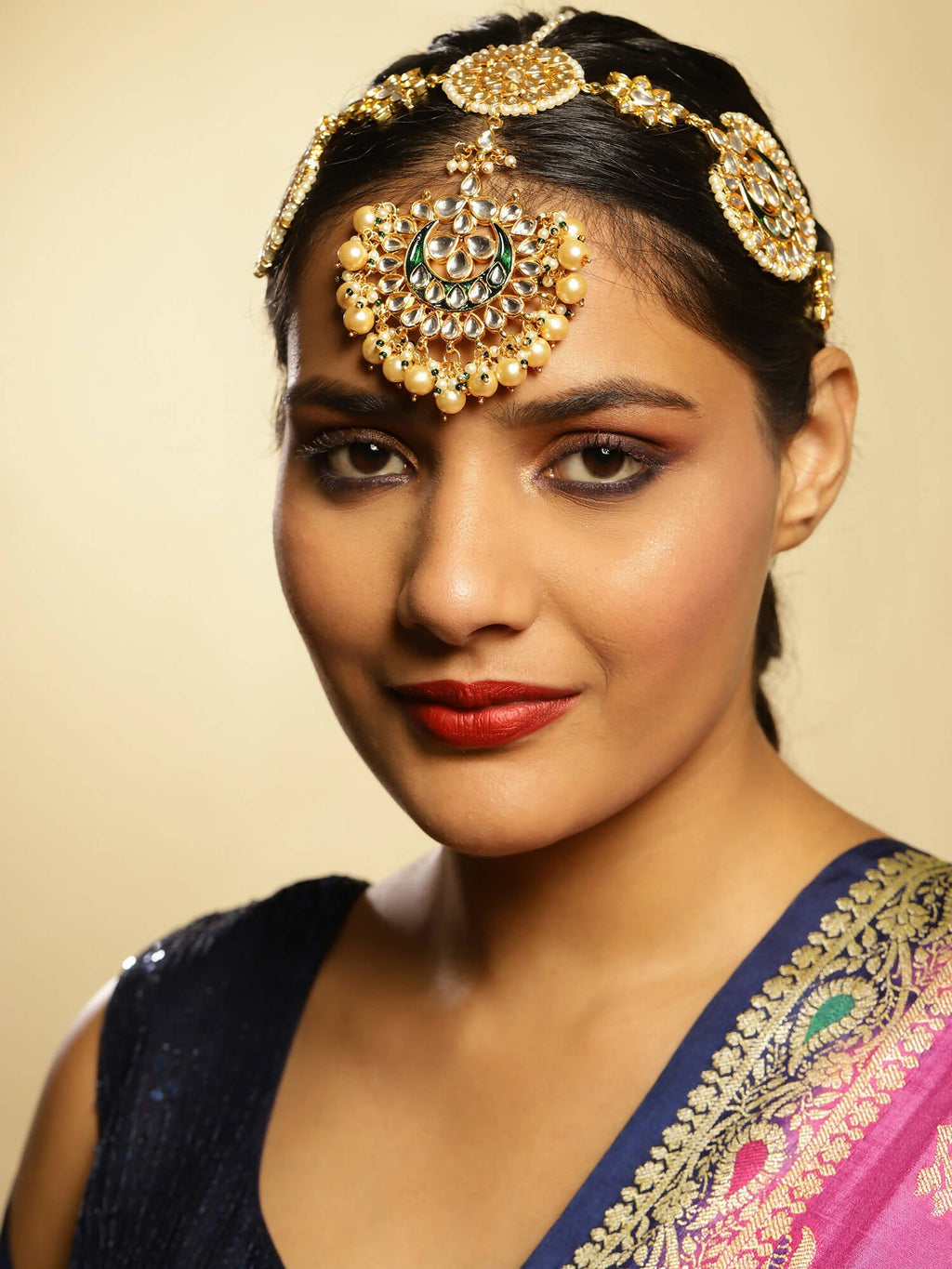 Gold-Polished White Kundan-Studded Pearl Beaded Matha Patti - Ruby Raang | Grocsy