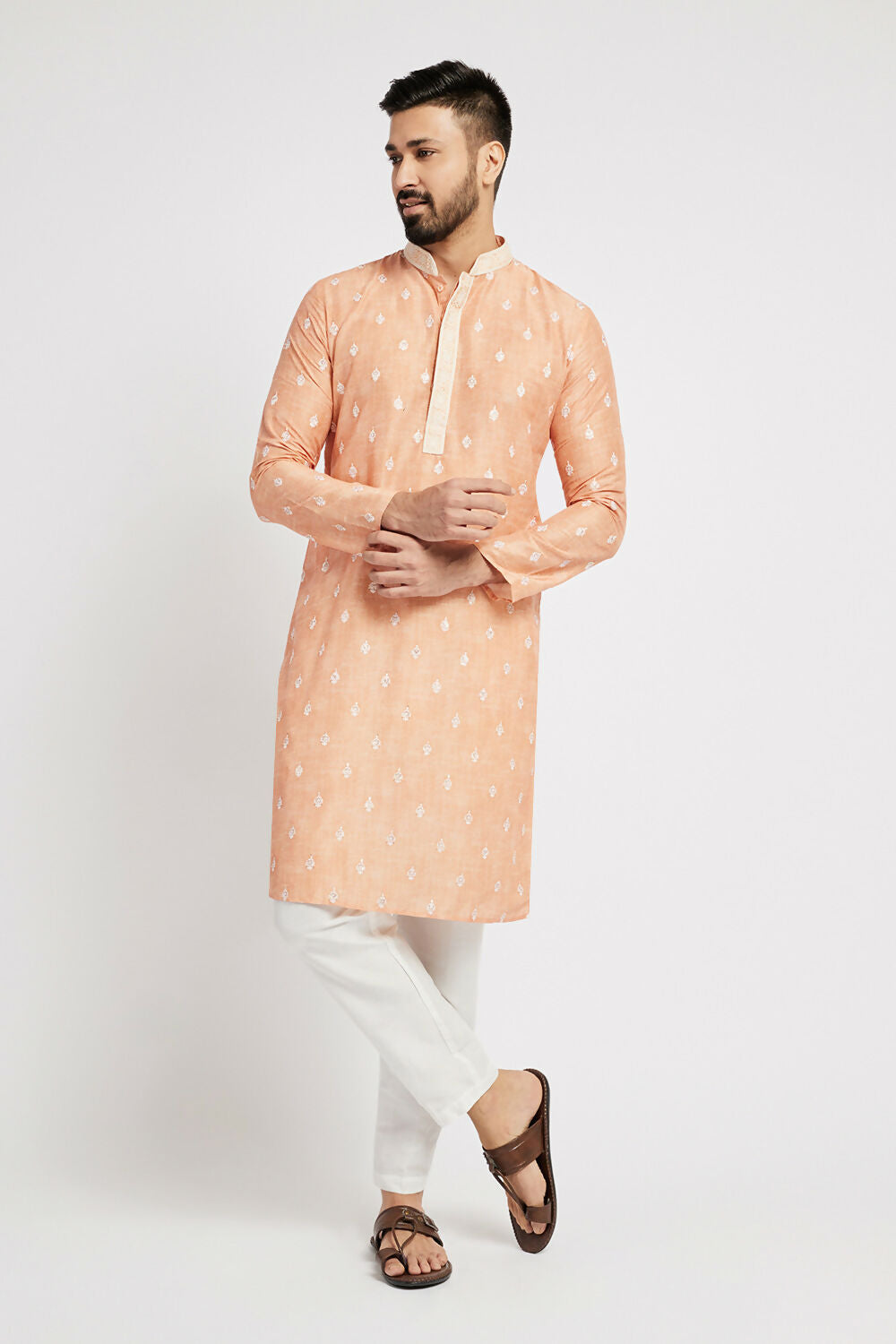 Ethnic India Orange Men's Kurta Ethnic Motifs Polyester | Grocsy