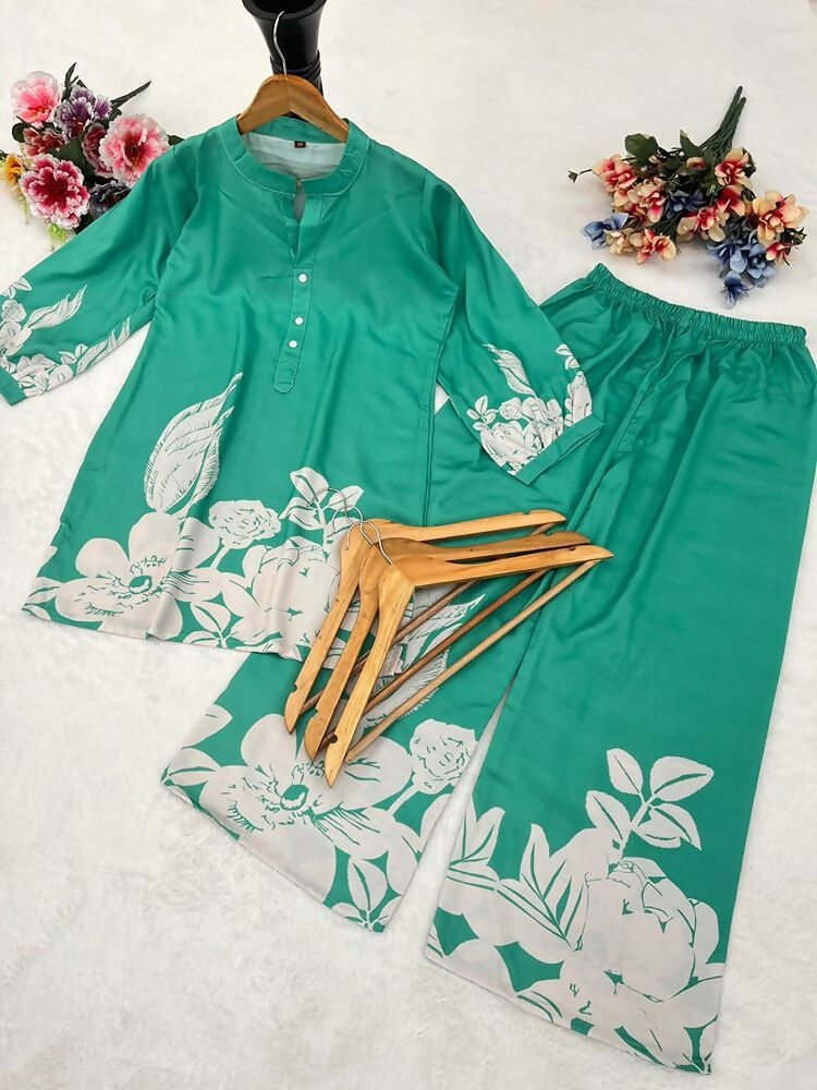 Teeya Creation Stylish Teal Casual Co-ord Set with Floral Print | Grocsy