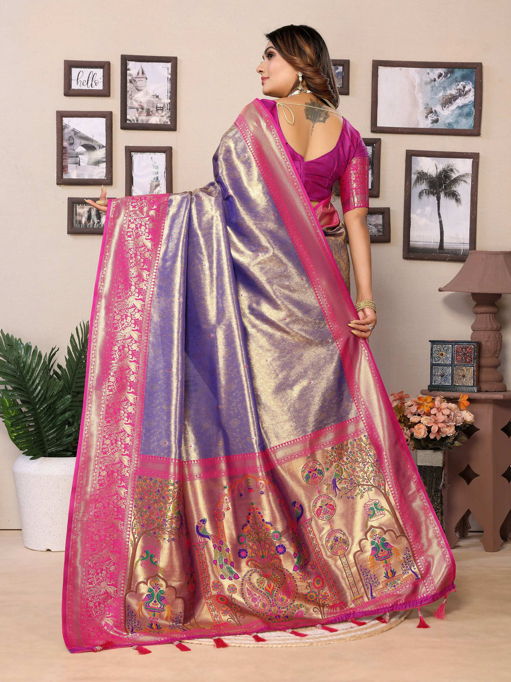 Aastha Fashion Purple Tissue Silk Weaving Saree | Grocsy