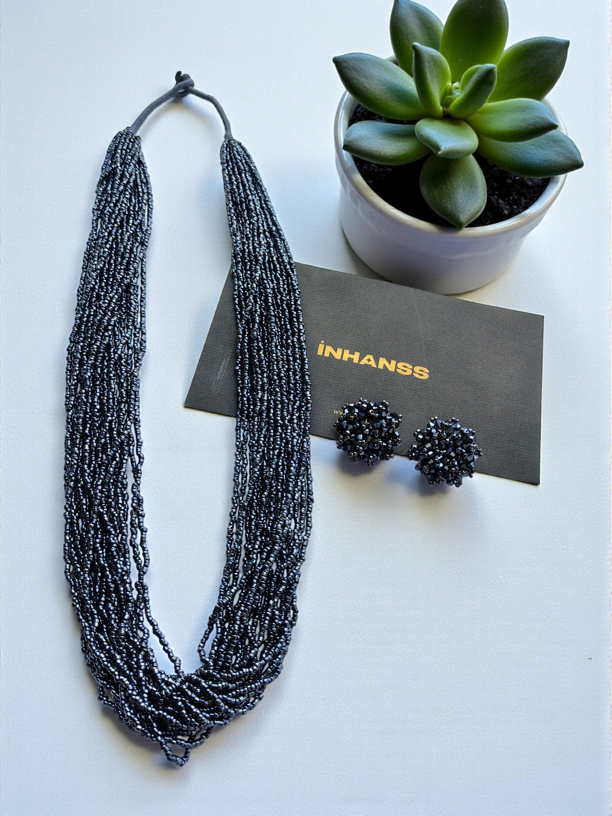 Inhanns Rangsaaz 20-Layer Luxe Long Beaded Necklace (With Optional Statement Earrings) - Navy Blue Long 20 Layer With Earring | Grocsy