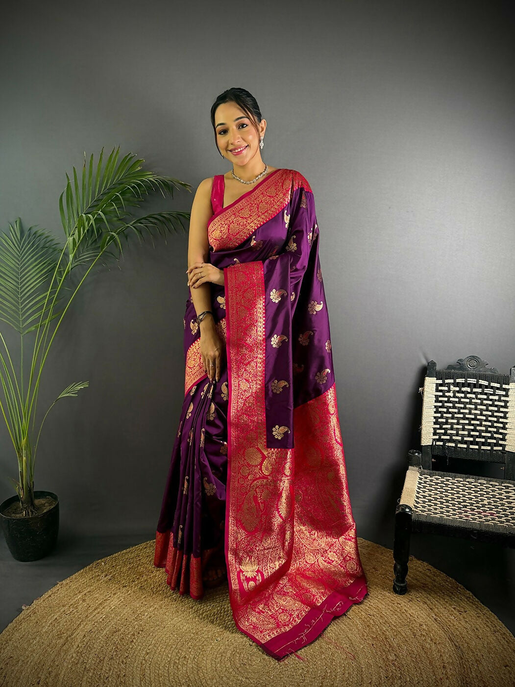 Joban Fashion Banarasi Purple Woven Butti Soft Silk Saree | Grocsy