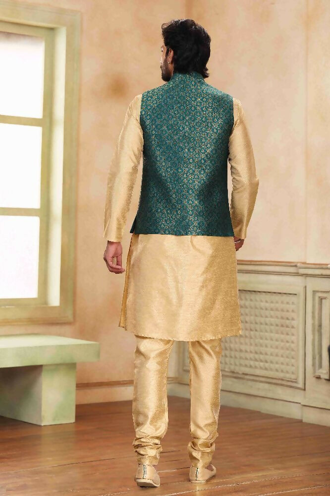 Raivat Ethnic Jacquard Banarasi Silk Woven Work 3 Pics Jacket Set In Green Colour | Grocsy