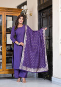 Juniper Women's Purple Zari Embroidered Cotton Kurta Set With Button Closure | Grocsy