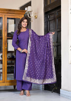 Juniper Women's Purple Zari Embroidered Cotton Kurta Set With Button Closure | Grocsy