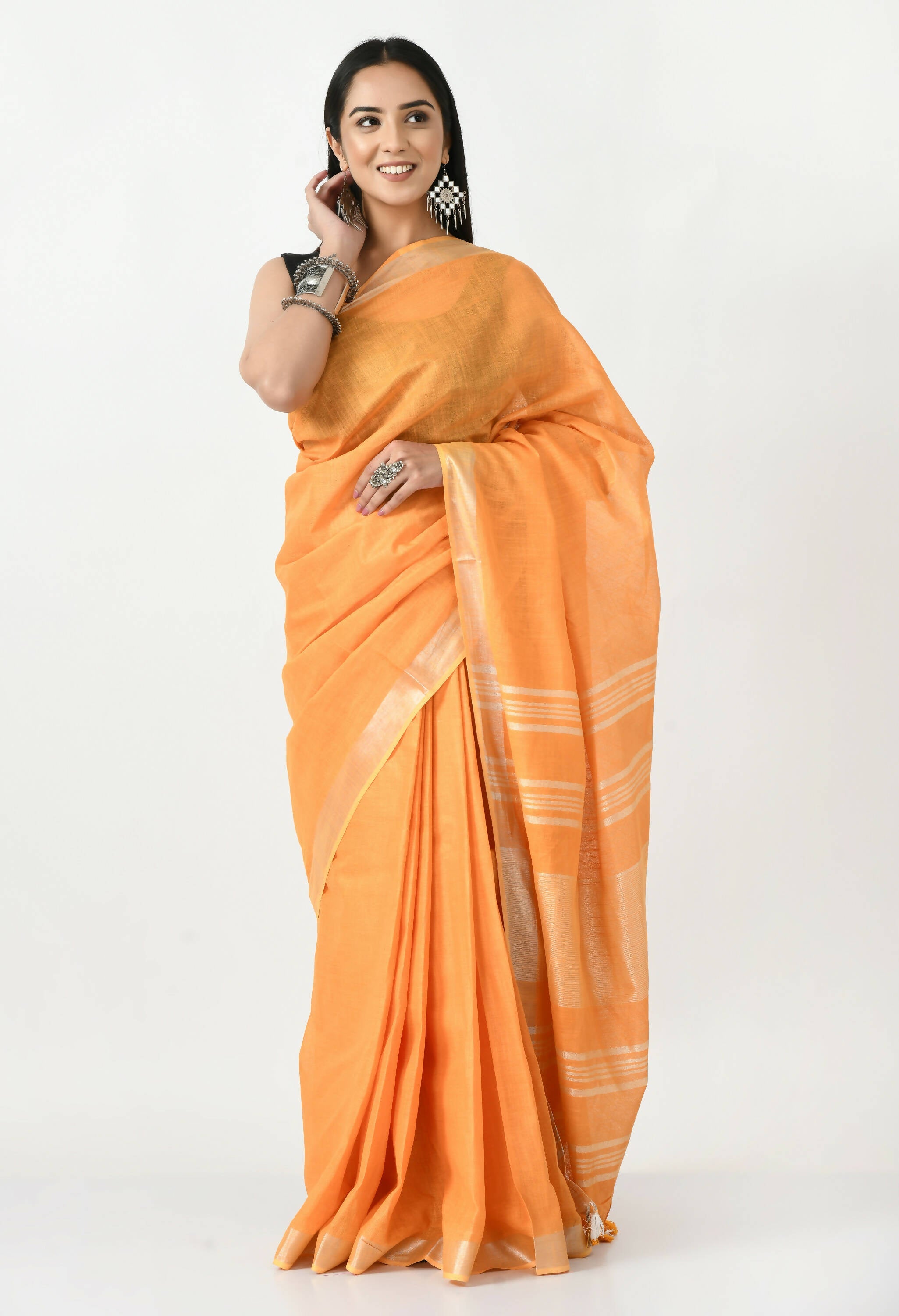 Mominos Fashion Moeza Orange Bhagalpuri Handloom Silk Linen Saree with unstitched Blouse piece | Grocsy