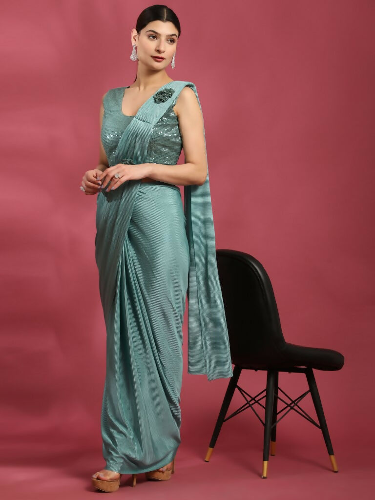 Sea Green Imported Crush Lycra Texture Pattern Ready to Wear Saree with stitched Blouse - Nirvana | Grocsy