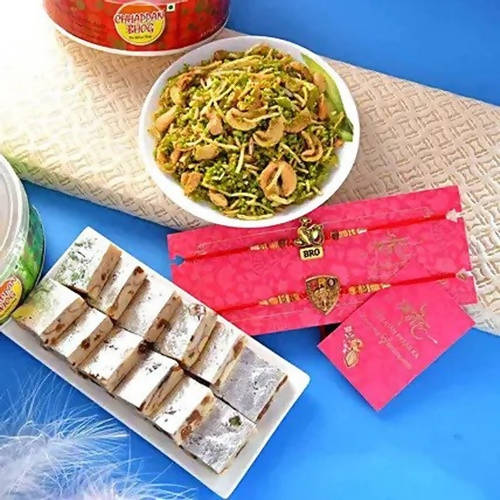 Sea Blue Embellished Rakhi & Kaju Anjeer Barfi Hamper | Grocsy