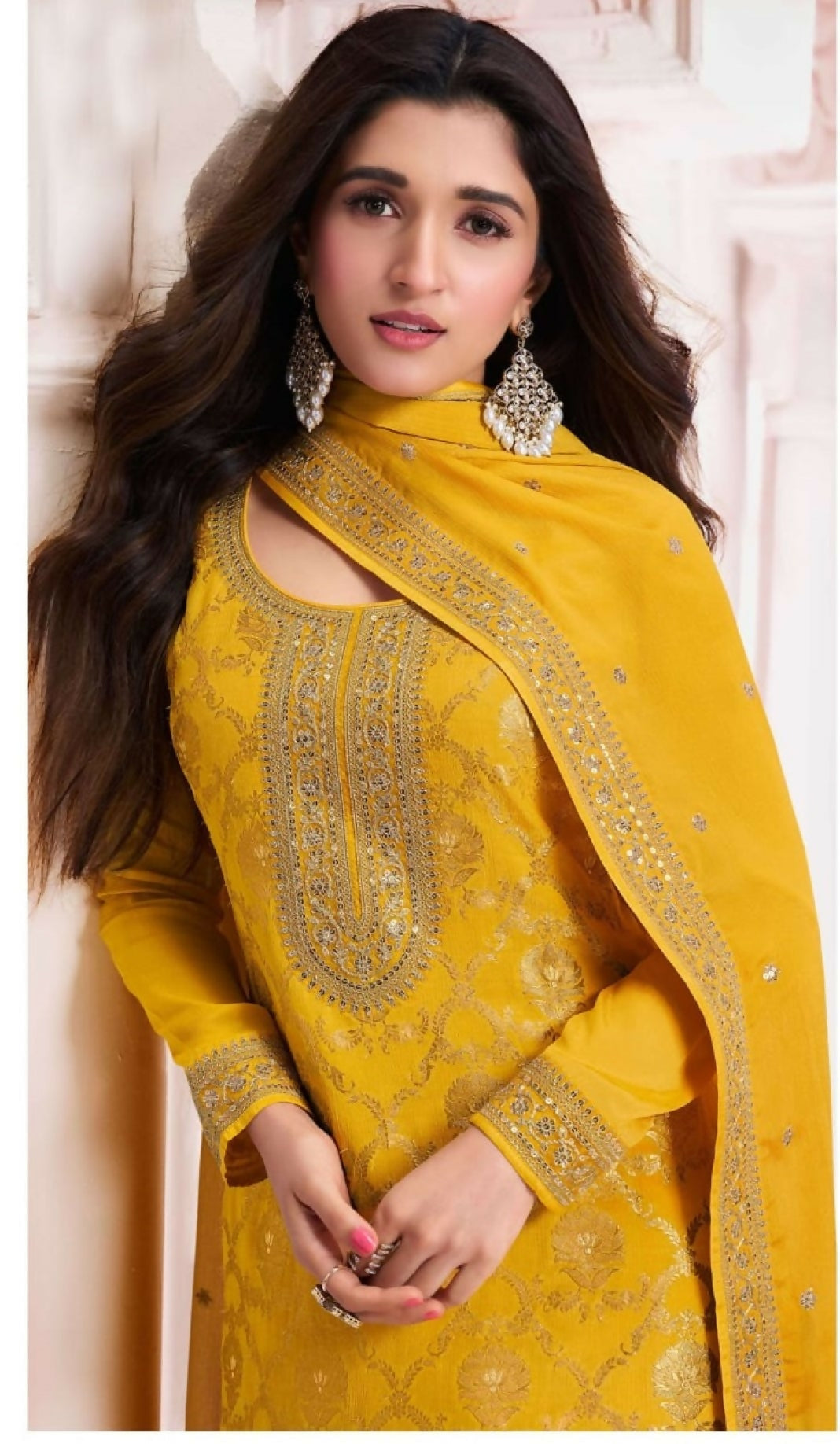Anaita Yellow Dola Silk Thread Sequence Embroidered Salwar Suit | Grocsy