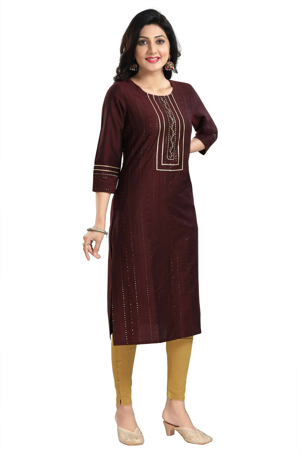 Snehal Creations Beautiful Brown Cotton Silk Designer Long Kurti Tunic With Sequines Embroidery | Grocsy